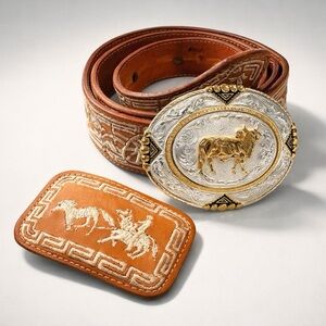 Montana Silversmiths Engraved Buckle on leather MX piteado embroidered belt, 40